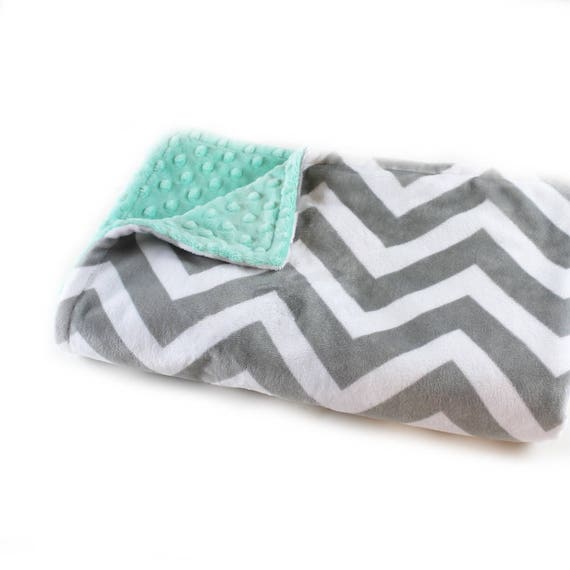 Minky Baby Blanket, 42 x 55 Personalized Baby Blanket, Mint Chevron Baby Blanket, Crib Bedding, Gray Chevron Blanket, Kids Minky Blanket