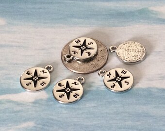10 small compass charms, nautical charms, silver plated necklace, hiking pendants, travel necklace, compass jewelry