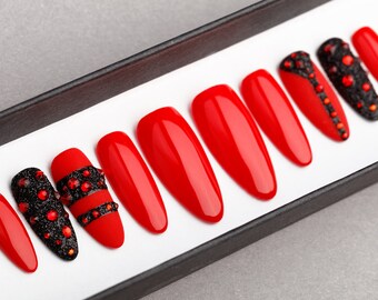 Red and Black Press on Nails with Swarovski | Hand painted Nail Art | Fake Nails | False Nails | Glue On Nails | Acrylic Nails | Gel Nails