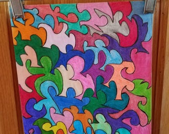 Puzzle Ink on Paper Absract Artwork 8 X 11 Original Artwork, Autism Awareness, Wall Art Home Decor, Picture, Great Gift, Ready to Ship