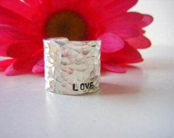 Extra Wide Ring Band - Hammered Aluminum - Hand Stamped LOVE in tiny text - Personalized Ring Band - Love Ring - Stamped Jewelry - Love