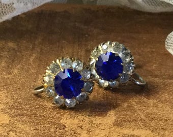 Elegant Royal Blue Clear Rhinestone Earrings Screwback Unsigned 1930's 1940's Evening Wear Round Princess Cut Faceted Rhinestones Feminine
