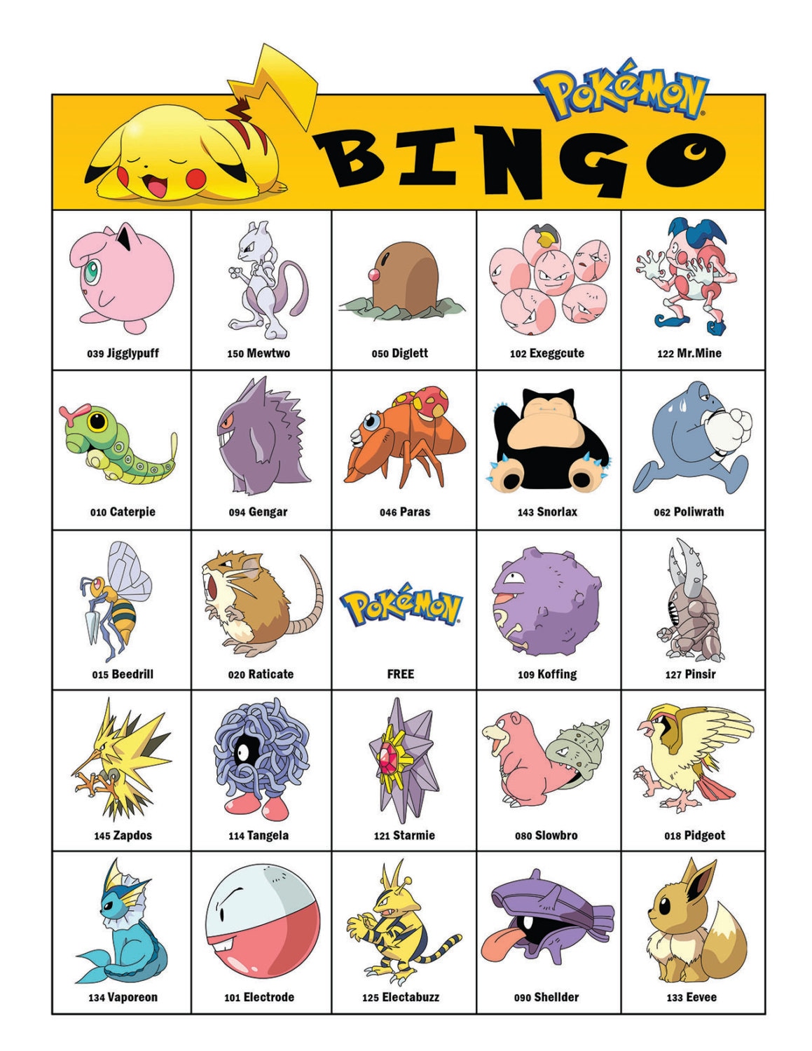 Pokemon Bingo Cards 20 Unique Cards with EXTRA LARGE calling