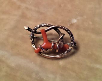 Gold Filled Branch Brooch with Coral