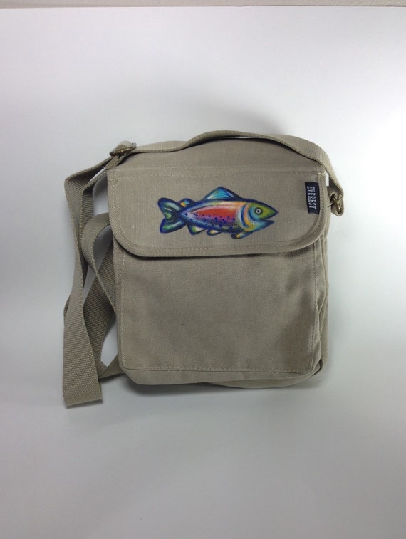 Khaki Everest Canvas Messenger Bag with Hand Painted Trout