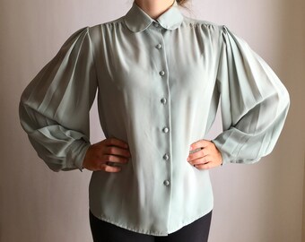 vintage mint sheer blouse M ~ peter pan collar ~ 80s does 40s bishop sleeve top