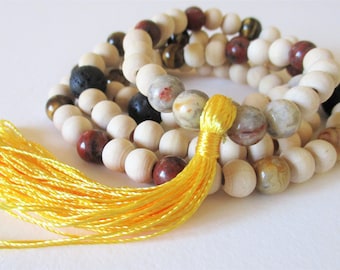 Mala Beads for Courage and Confidence - buddhist mala beads, crystal mala beads, gemstone mala beads, yellow tassel mala beads