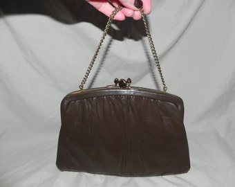 1960's or 1970's Brown Leather Two Compartment Clutch Purse Handbag by Ande'