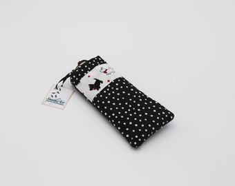 Scotties and West Highland Terriers on White Stripe on Black Polka Dotted Background