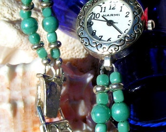 Silver Watch, Swarovski Teal Pearl and Silver Jewelry W065
