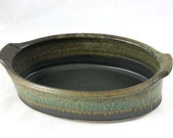 Long Oval Baking Dish, Handmade Baker with Handles, Green and Black