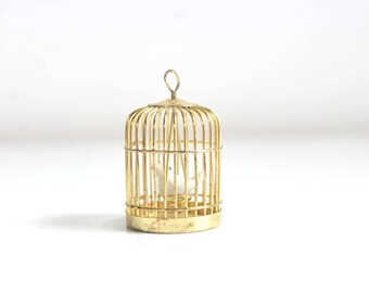 Miniature Birdcage, Dollhouse Birdcage, Brass Birdcage, Gold Birdcage, Tiny Birdcage, Birdcage with Bird, Dollhouse Pet, Birdcage Pendant