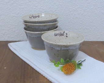 Bowl Set of 4 - Handmade Stoneware Ceramic Pottery - Ash Grey and White - Ginkgo - 12 ounce