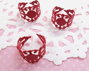 5pc Red Filigree Enamel Rings 8mm Pad A164