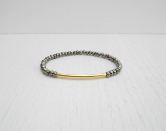 Gold pyrite bracelet, Gold tube bracelet, Pyrite jewelry