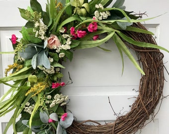 Summer Wreath For Front Door, Spring Wreath, Rustic Wreath, Farmhouse Wreath, Front Door Wreath, Year Round Wreath
