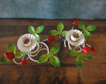 Vintage Pair of Italian Chippy Tole Strawberry Candlestick Holders