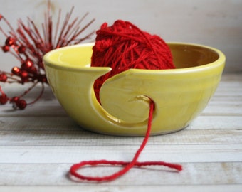 Yellow Knitting Bowl, Yarn Bowl Handmade Ceramic Yarn Holder, Stoneware Pottery Ready to Ship Made in USA