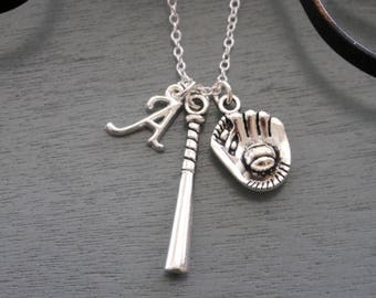 Softball Necklace, Personalized Softball Necklace, Baseball Necklace, Initial Necklace, Softball Bat Necklace, Softball Glove Necklace