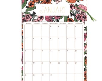 2018 Wall Calendar 5.5x8.5 inches featuring 12 different floral pattern illustrations in Green, Gold, Blue, Orange, Pink, Brown and Purple