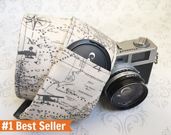 Camera Strap, DSLR Camera Strap, Lens Cap Pockets, Travel Photographer, Nikon or Canon Camera, Gift, Photographer Gift - Maps