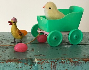Vintage Easter Cart Sea Foam Green and Pink Plastic Buggy Rosbro Candy Container Accessory Vignette Collectible Pull Toy Old 1950s Era