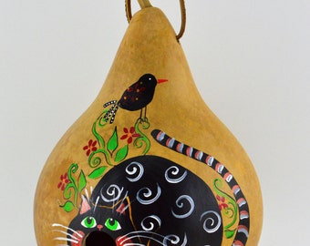 Gourd Birdhouse - Cat Birdhouse - Painted Gourd - Bird lovers gift - Garden Art - Wren House - Natural Decor - Black Cat -