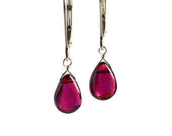 Rhodolite Garnet Earrings, Red January Birthstone Earrings, Dangle Drop Earrings Leverback Earrings: 14K Rose Gold Filled Sterling Silver