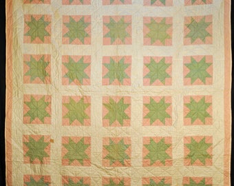 1950s American Eight Point Star Quilt Machine Sewn And Hand Quilted 78 x 68