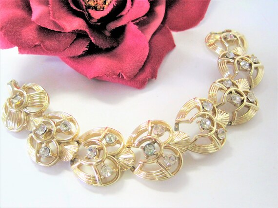 Coro Rhinestone Bracelet, Gold Tone, Clear Rhinestones, 8 Panels with 3 rhinestones in each