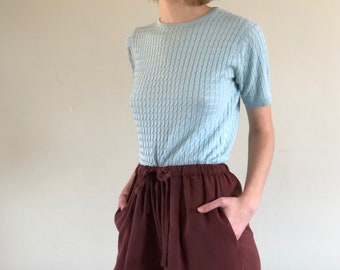 short sleeve cable knit sweater / pale blue silk sweater / simple silk top | XS S