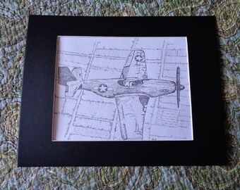Original India Ink Drawing Pointillism Picture 9 x 12 Airplane P 51