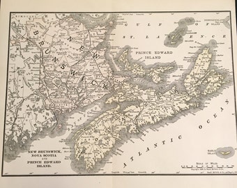 1890 Map of New Brunswick and Nova Scotia, Original Antique Color Map by Rand McNally