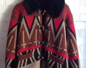 Vintage Coat Aztec Knit Black Fur