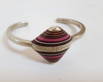 vintage Amazigh Berber Silver Bracelet with Ebony & Pink Agate, from Morocco