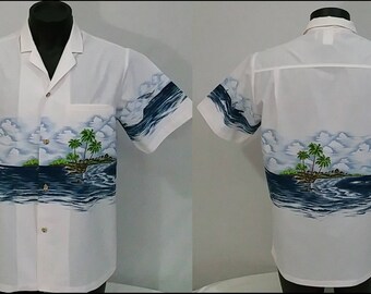 Vintage 80's 90's Malihini Hawaii Windsurf Sailing Hawaiian Shirt Men's M Cotton Camp Surfing Surf Short Sleeve Lt. Pink Blue Multi
