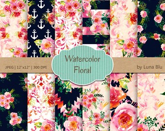 Floral Digital Paper: "Watercolor Floral" navy digital paper, pink watercolor flowers, floral scrapbooking paper, floral backgrounds