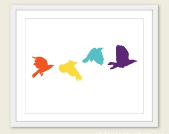 Birds Nursery Art Print - Flying Birds Wall Art - Modern Birds Decor - Orange Yellow Blue Purple
