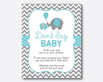 Instant Download, Elephant Don't Say Baby, Diaper Pin Clothes, Elephant Baby Shower Pin Game, Aqua Blue Gray Chevron, Little Peanut (SBS.42)