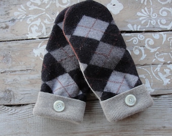 Brown and Gray Argyle Wool Sweater Mittens with Buttons