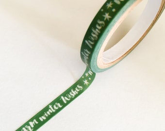 WARM WINTER WISHES Thin Washi Tape Roll Green & White Words Stars Extra Skinny Christmas card Holiday cards crafts planner craft planners
