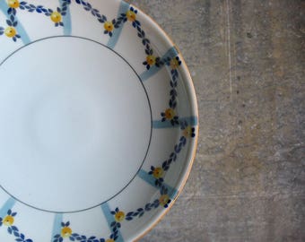 A vintage French compotier, pedestal plate, white porcelain , Legrand, Limoges, 1930s, blue,yellow, floral