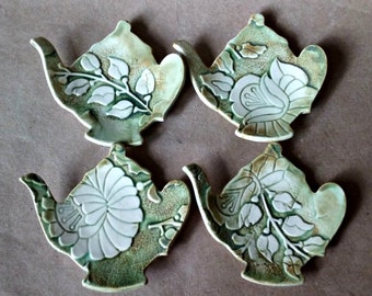 Four Ceramic Damask Teapot Tea bag Holders spoon rest Moss Green teabag holder