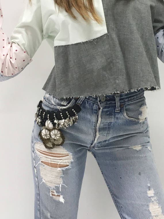 High-Waisted Rips LOLA DARLING Jeans from Vintage Levi's + Embroidered by hand DAW Patch with Recycled Materials Open bottom Exceptional Fit
