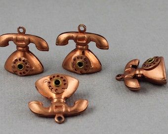 Vintage copper rotary telephone, movable dial charms - 19mm - 22mm - 4 pcs - CHM205
