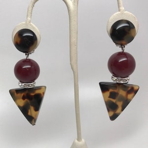 Angela Caputi Italian Designer Burgundy, Tortoise Resin & Rhinestone Earrings