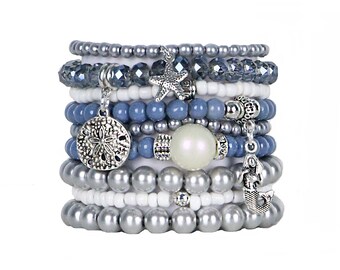 Beaded Bracelets Set of 9 Stretch Bracelets Bohemian Beach Themed Stack with Silver Tone Charms and Tassel