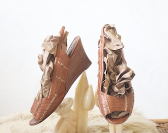 Vintage Woven Caramel Leather Sandals Wedge Heels Sz 8.5