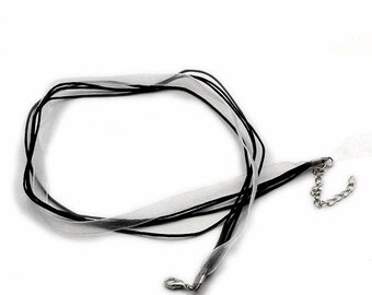 10 Organza Ribbon and Cord Necklaces Black Cord White Opaque Ribbon Necklace for Jewelry Supplies 17 Inches