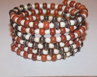 Terra Cotta and White Magnesite and Copper Memory Wire Wrap Bracelet